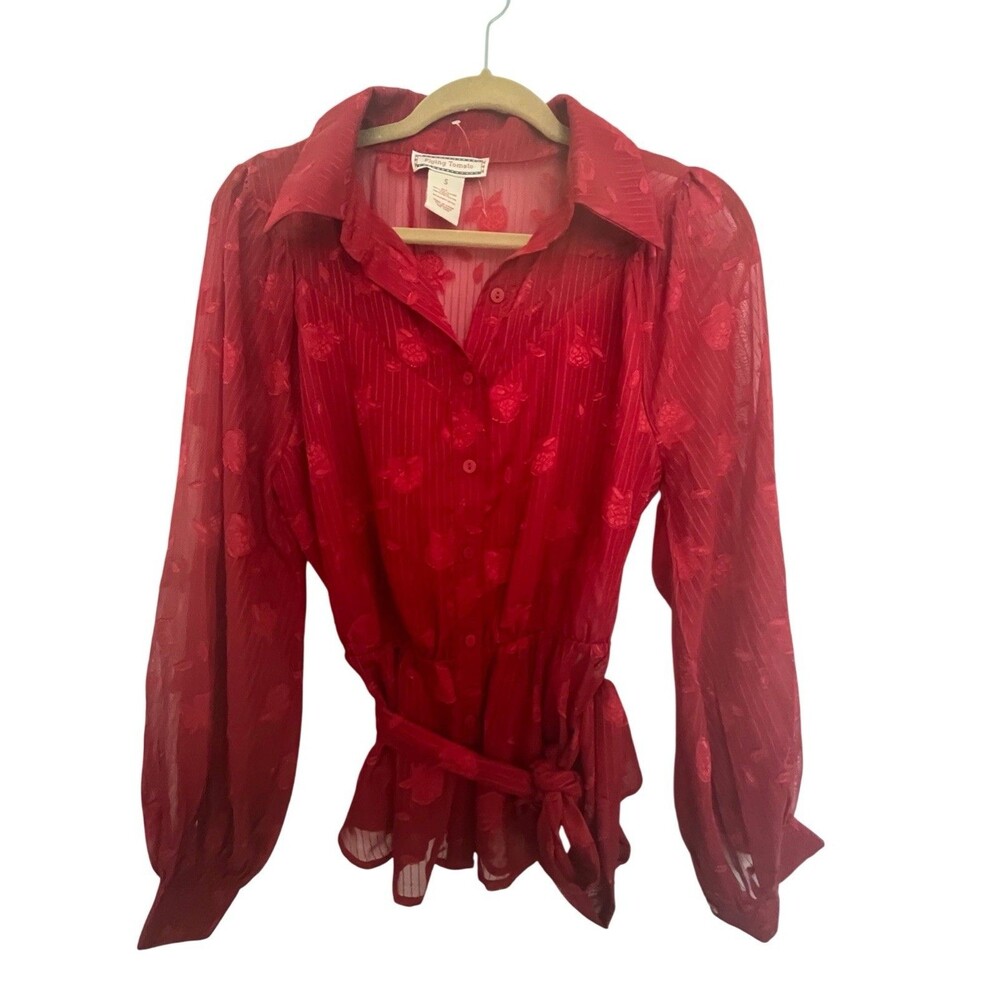 Flying Tomato Red Sheer Burnout Floral Blouse Size S Button Front Belted